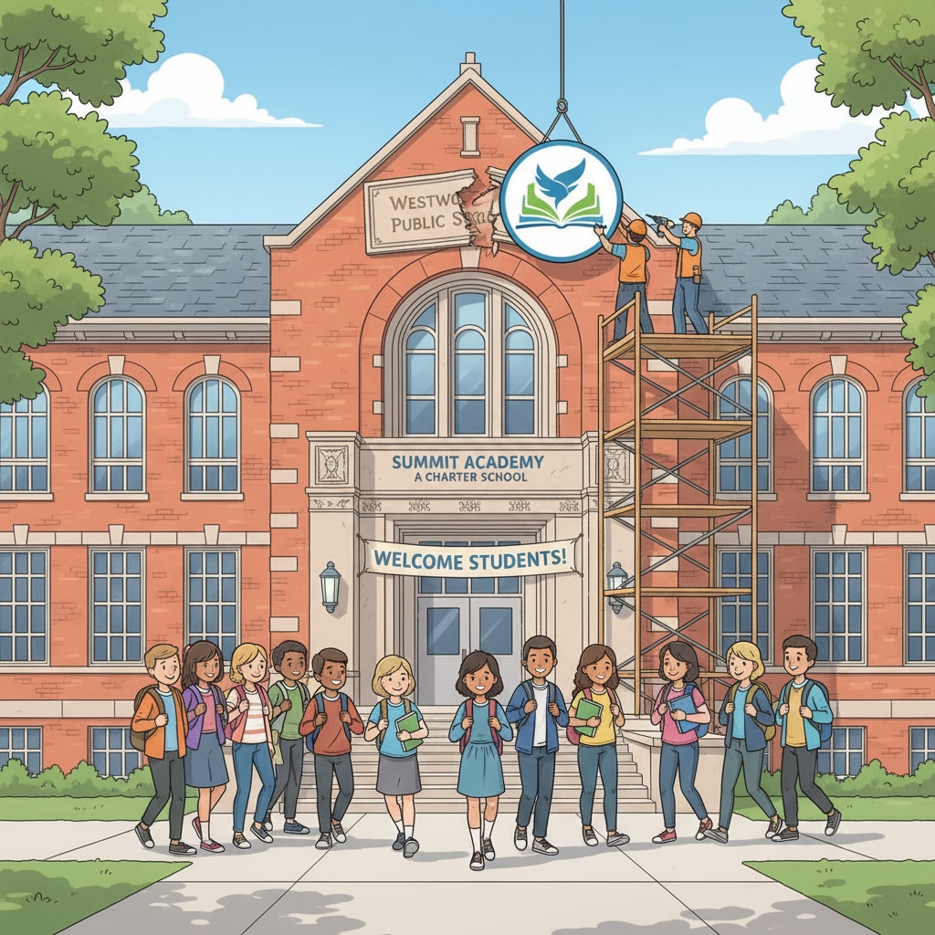 Students entering a school during the transition from public to charter school, highlighting school districts, public elementary schools, charter schools, and resource redistribution.
