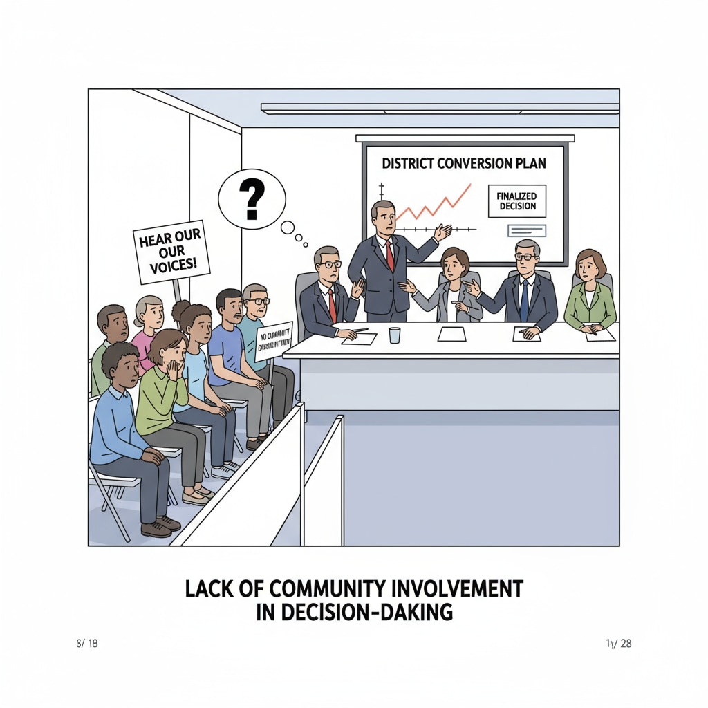 A meeting where school district officials discuss converting a public school to a charter school, with implications for school districts, public elementary schools, charter schools, and resource redistribution.