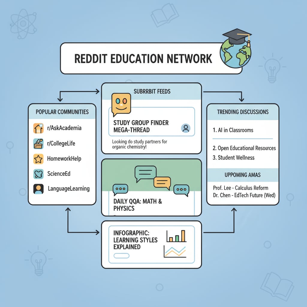 An overview of Reddit's education community interface highlighting community rules, educational networks, and subreddits