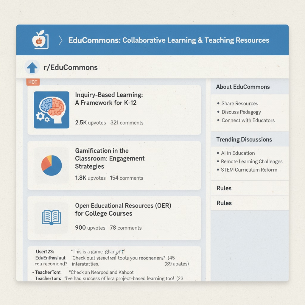 A close-up of a popular education subreddit page related to community rules, educational networks, and subreddits