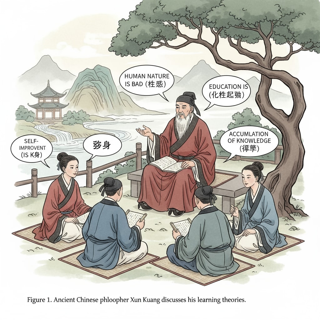 Ancient Chinese philosopher Xun Kuang discussing learning theories related to learning by doing