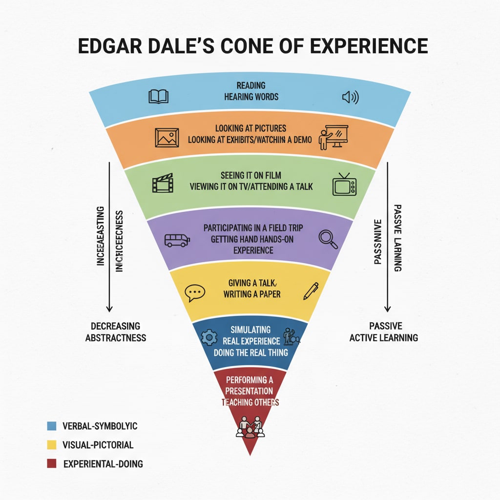 Visual illustration of Edgar Dale's Cone of Experience highlighting experiential learning