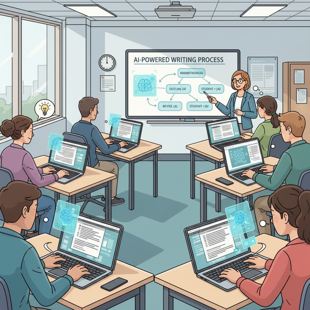 Students using AI tools in a modern writing classroom related to AI writing, teaching transformation, and writing skills