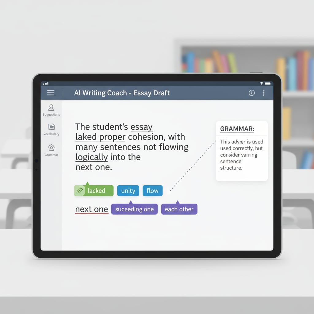 An AI writing assistant interface showing grammar and vocabulary suggestions relevant to AI writing, teaching transformation, and writing skills