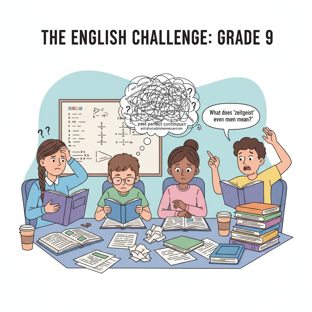 Ninth-grade students facing challenges in English courses with books in hand.