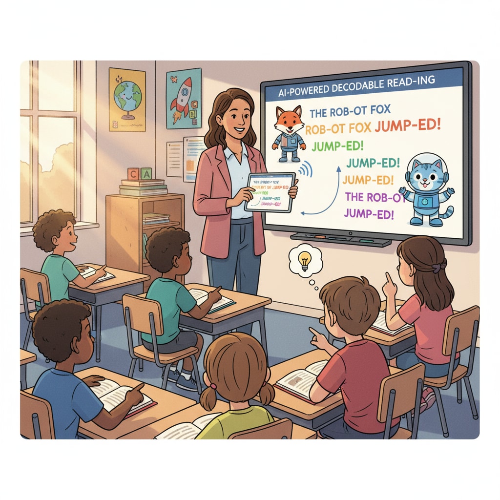 A teacher using AI-generated decodable reading material in a classroom for educational application