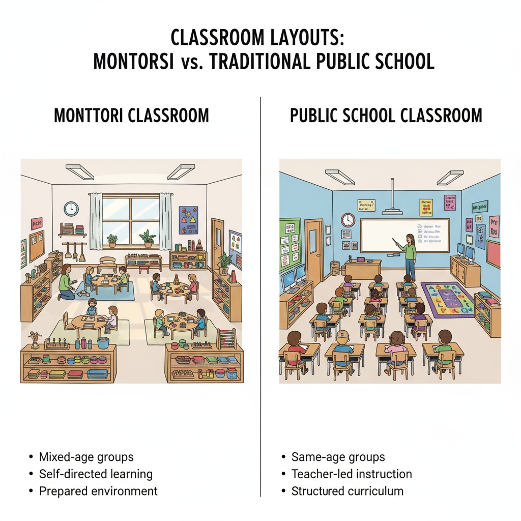 Comparison of Montessori and public school classroom layouts for high-ability children during transition.