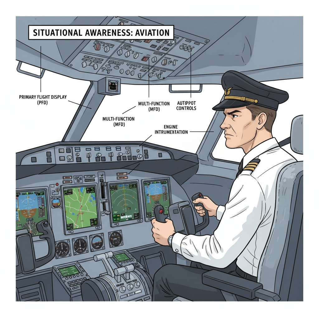 Pilot showcasing strong situational awareness by closely monitoring cockpit instruments, a key aspect of overall pilot skills including communication and decision-making