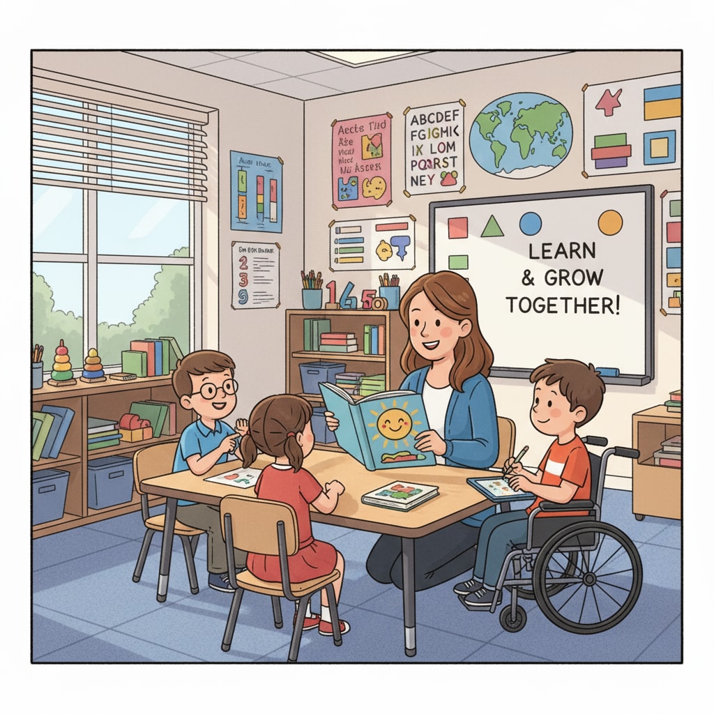 A special education teacher is interacting with students in a classroom, showing the typical teaching environment. A special education teacher with students during a class, relevant to special education and career transition.