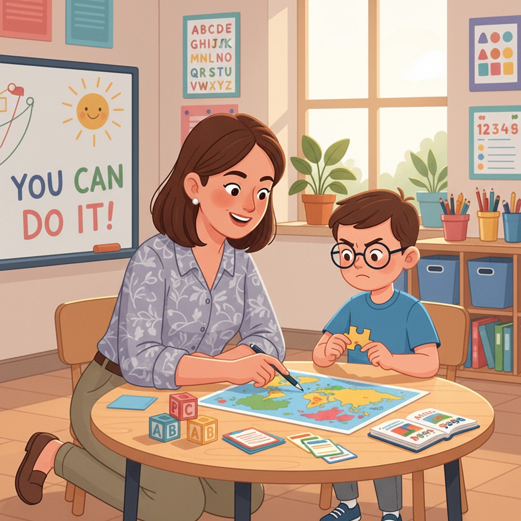 A special education teacher is patiently helping a student with a learning task, demonstrating patience. A special education teacher showing patience while assisting a student, related to career transition skills.