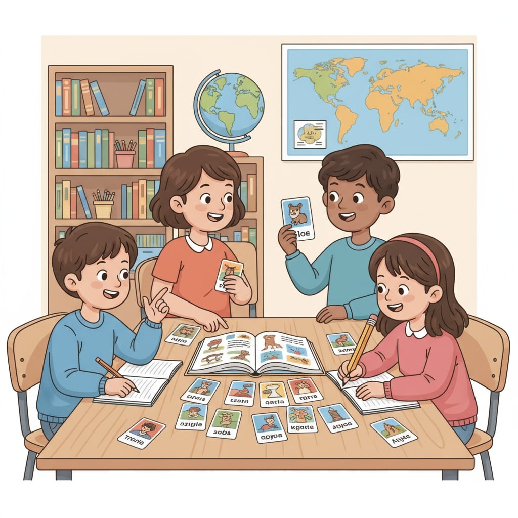 K12 students practicing language learning with books and flashcards, highlighting language learning, multilingualism, and learning methods