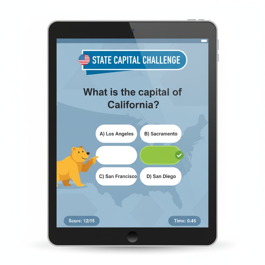 A screenshot of a US state capital learning app quiz interface as an educational tool