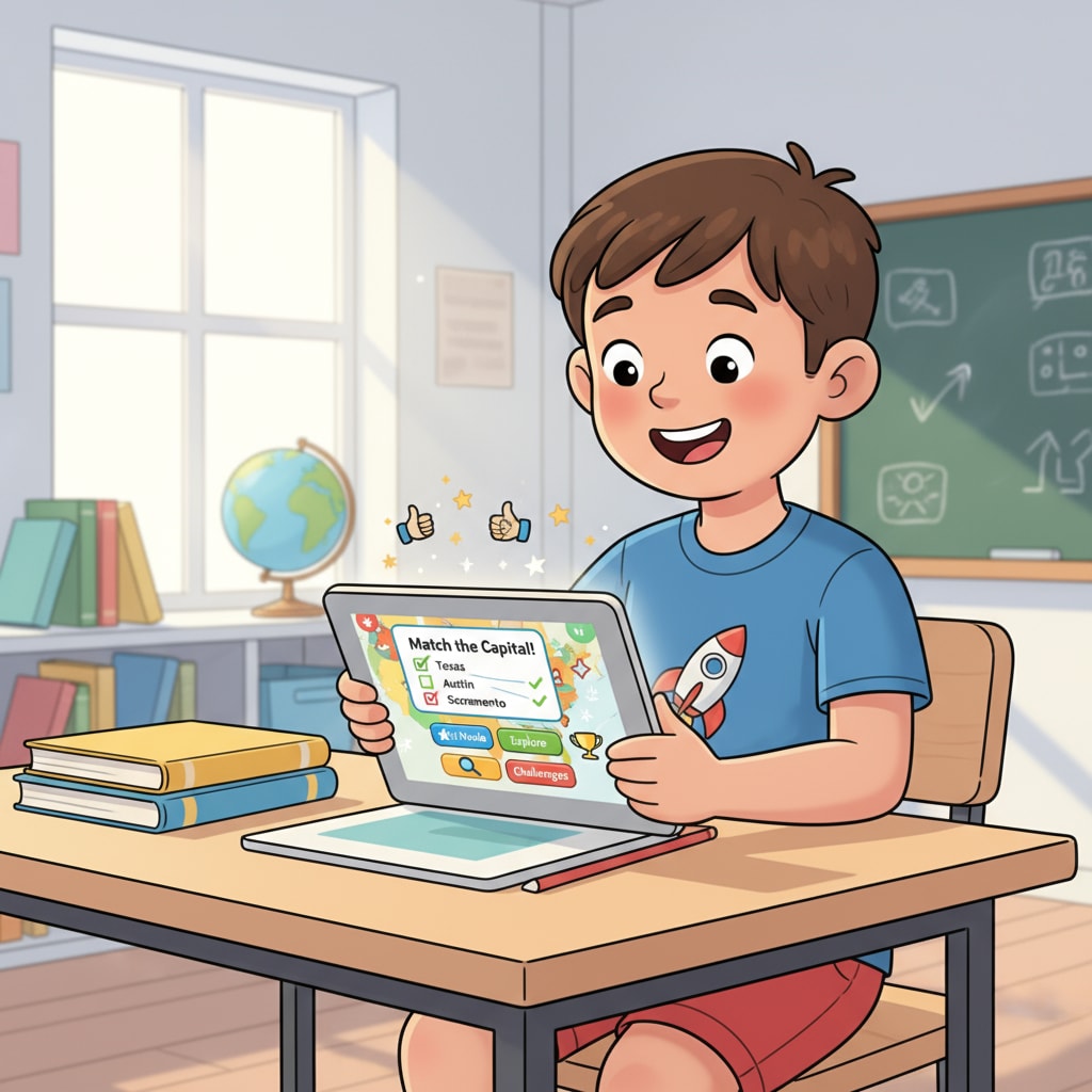 A child using a US state capital learning app on a tablet for educational purposes