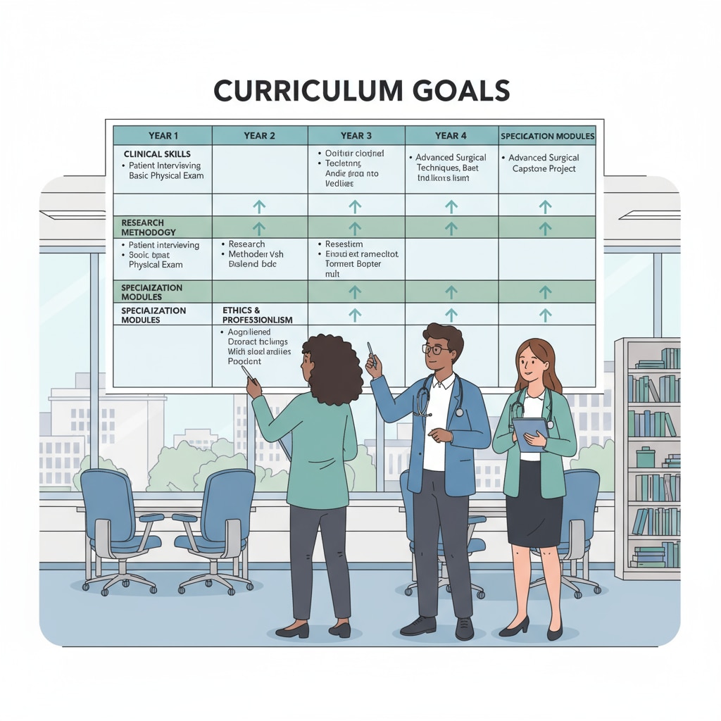 Students looking at a curriculum goal chart in a professional school, which is related to teaching methods, curriculum goals, and student assessment