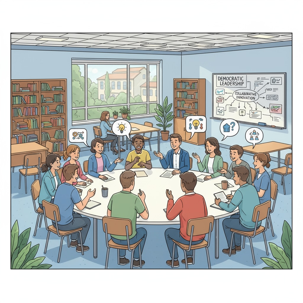 A classroom scene representing democratic and teacher-led school concepts