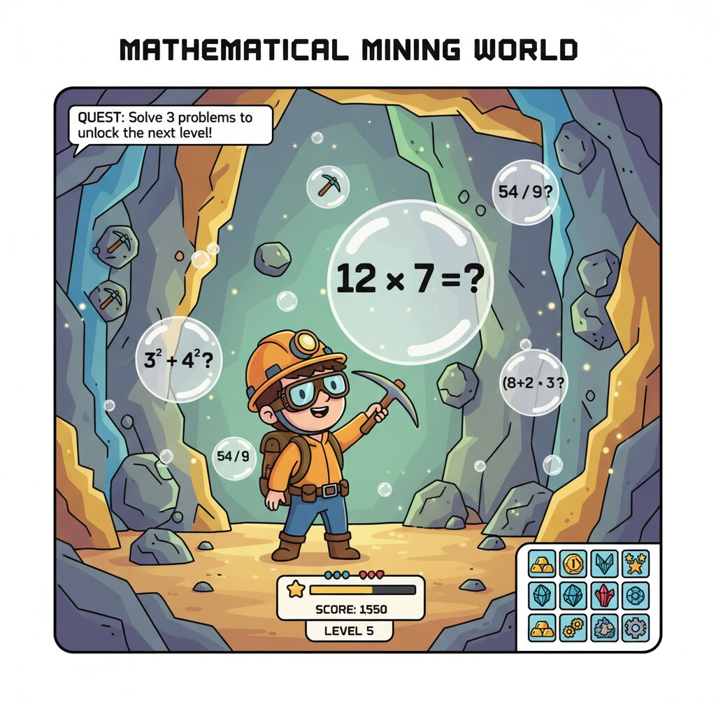 A screenshot of the Mathematical Mining World game highlighting the problem-solving mining mechanism in this math education game prototype