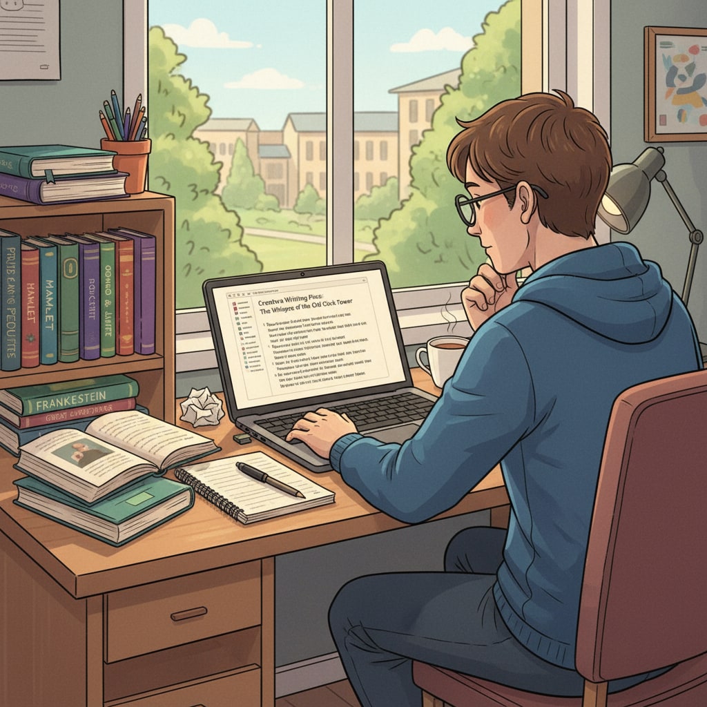 A student studying English literature and working on creative writing under stress