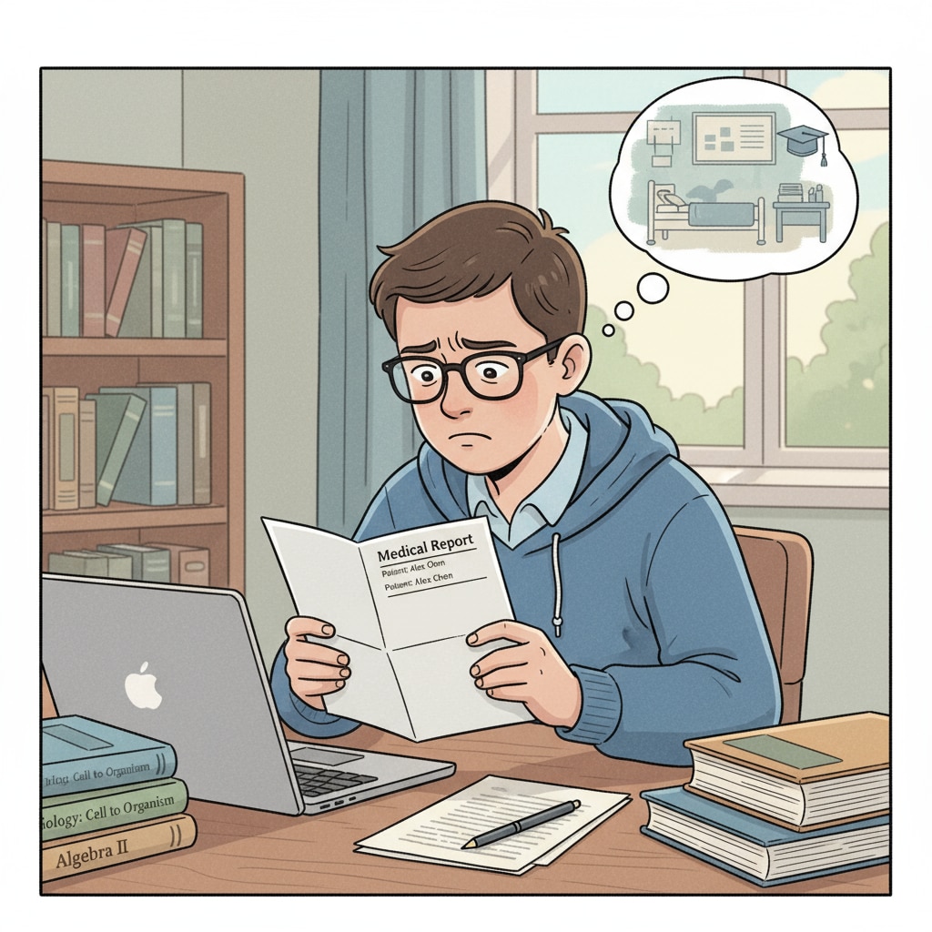 A worried high school student with a medical report due to chronic disease, considering high school graduation and GED test options