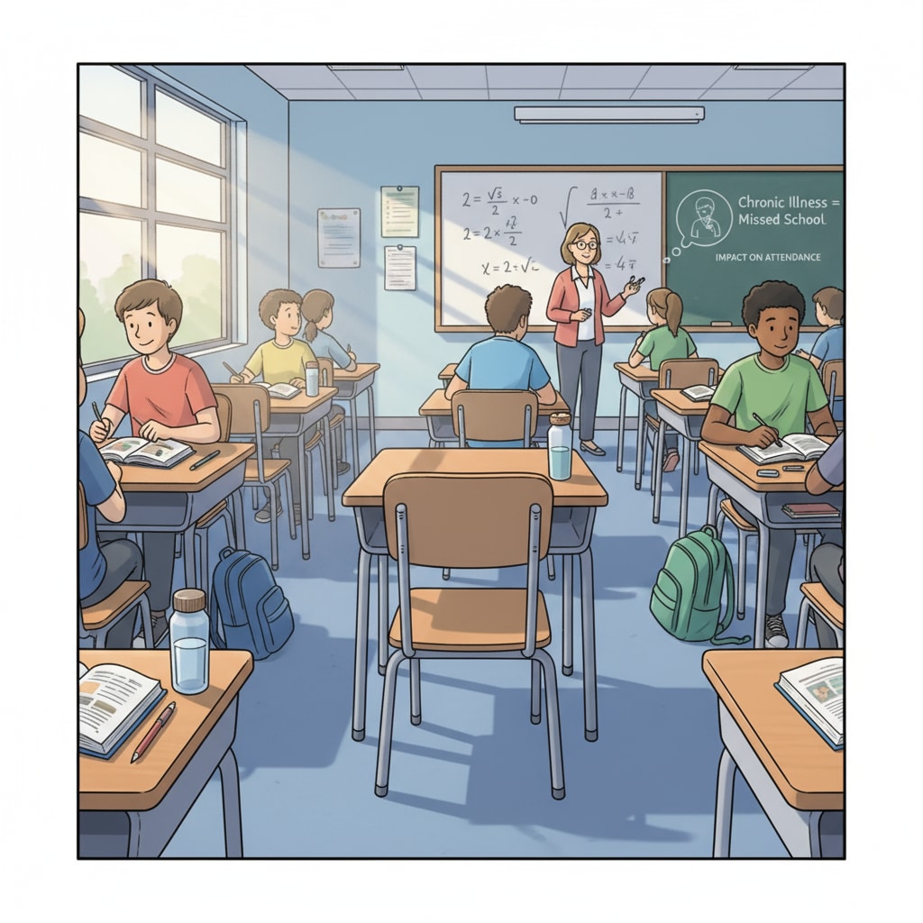 An empty desk in a classroom symbolizing a high school student absent because of chronic disease, highlighting the educational disruption related to chronic illness and GED as an alternative