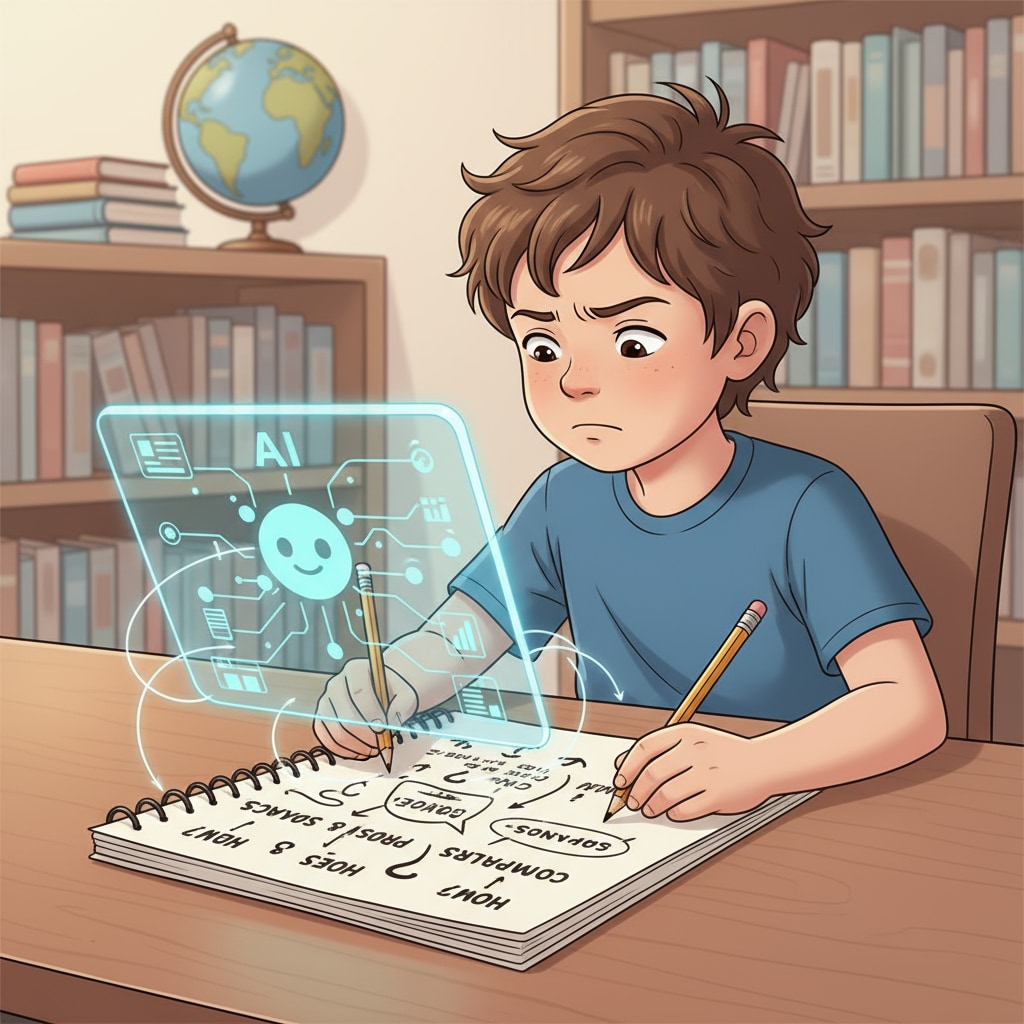 A child using critical thinking to analyze AI-presented information in the realm of AI education, critical thinking, and child rearing