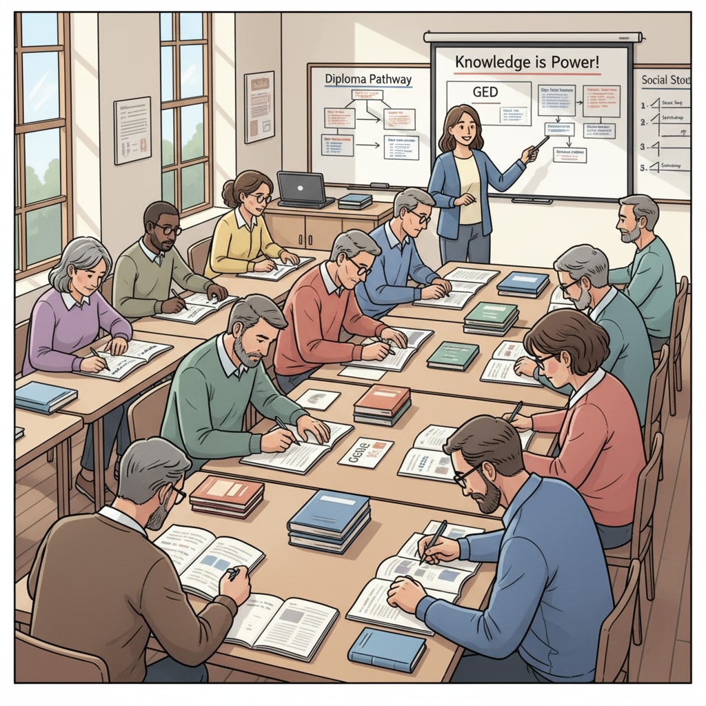 Adult learners in a classroom setting for high school diploma or GED test preparation