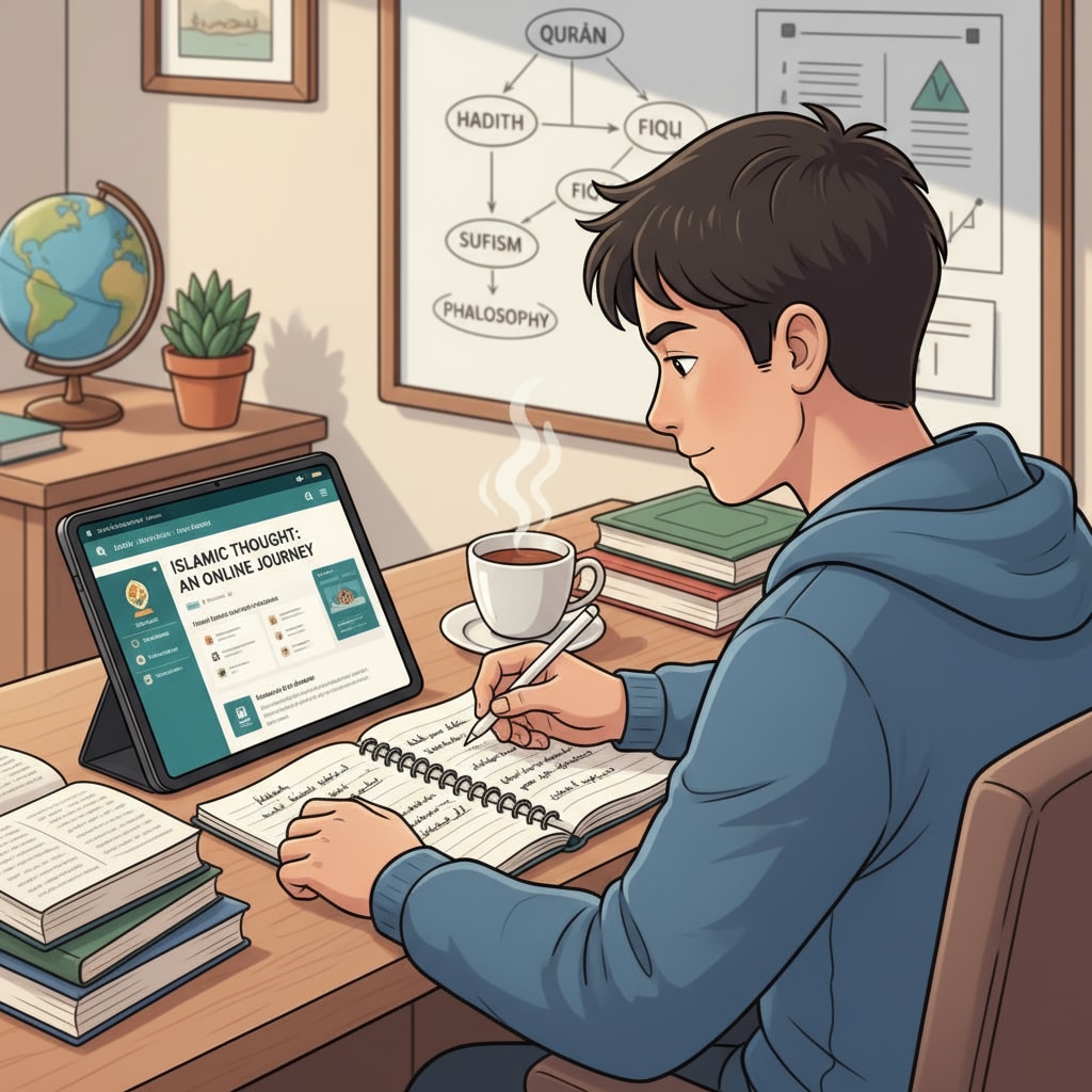 Student studying Islamic thought in an online course, connecting it with modernity concepts