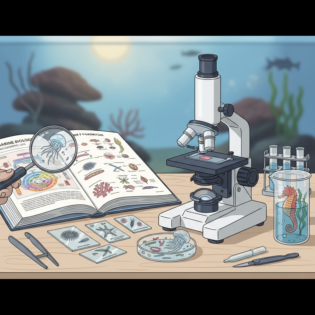 A student studying marine specimens under a microscope for marine biology learning