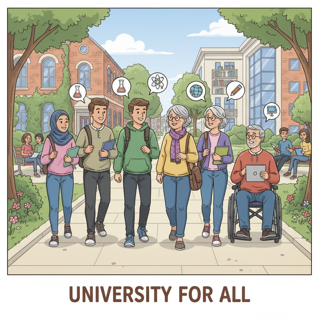 Students of various ages on a university campus, related to late enrollment, university anxiety, and time perception.