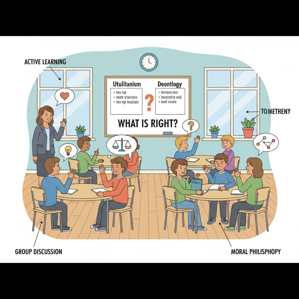 Students discussing moral concepts and value divergences in a K12 education classroom