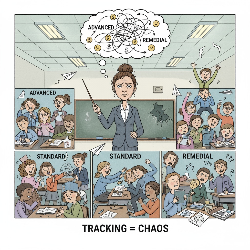 Stressed teacher in a classroom due to student tracking implications for teacher shortages and mathematics education