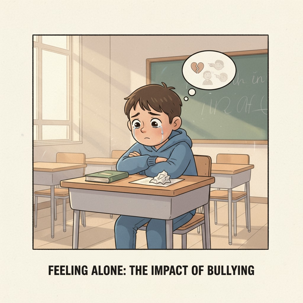 A sad child in a classroom showing the impact of school bullying on student safety due to principal inaction