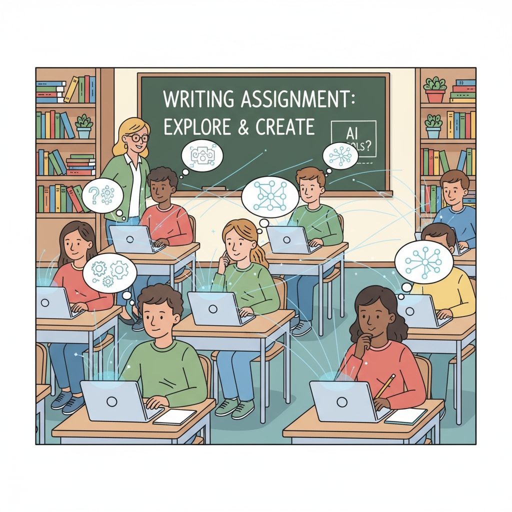 Classroom scene with students using laptops for writing assignments, highlighting the issue of AI use affecting the authenticity of student work, writing instruction, and parental misunderstandings.
