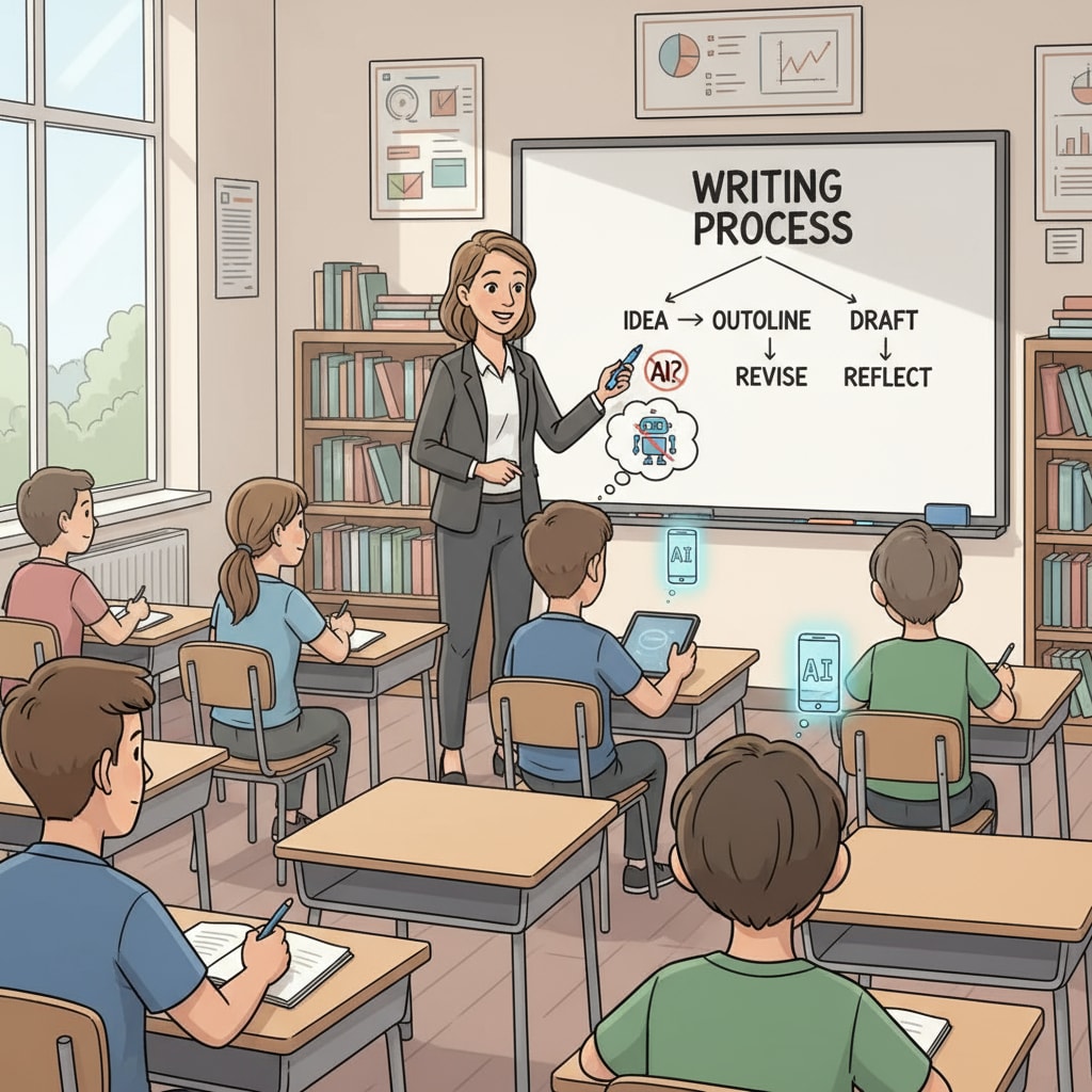 Teacher explaining writing concepts with distracted students, showing the impact of AI on writing instruction and related issues of authenticity and parental misunderstandings.