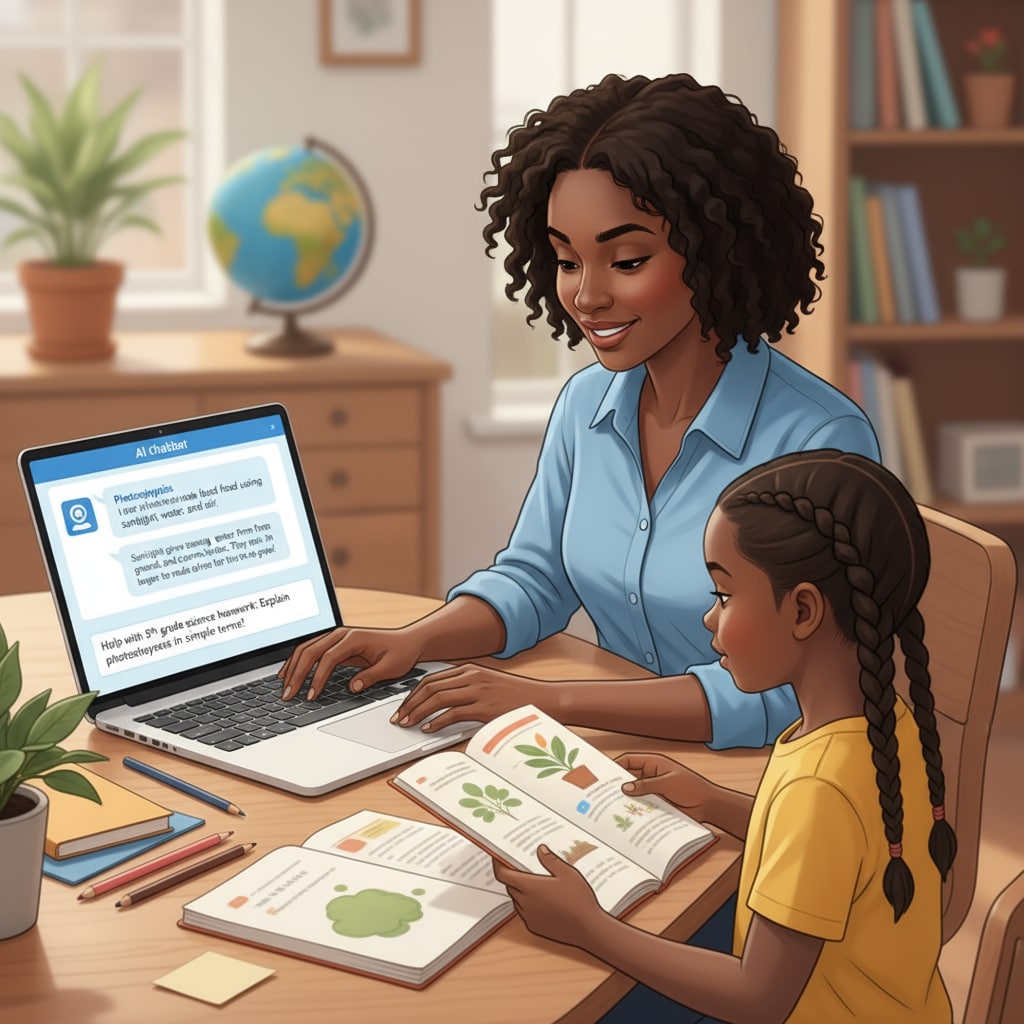 A parent using AI to help a child with homework, highlighting AI cheating, parental indulgence, and potential impact on writing ability and student privilege.