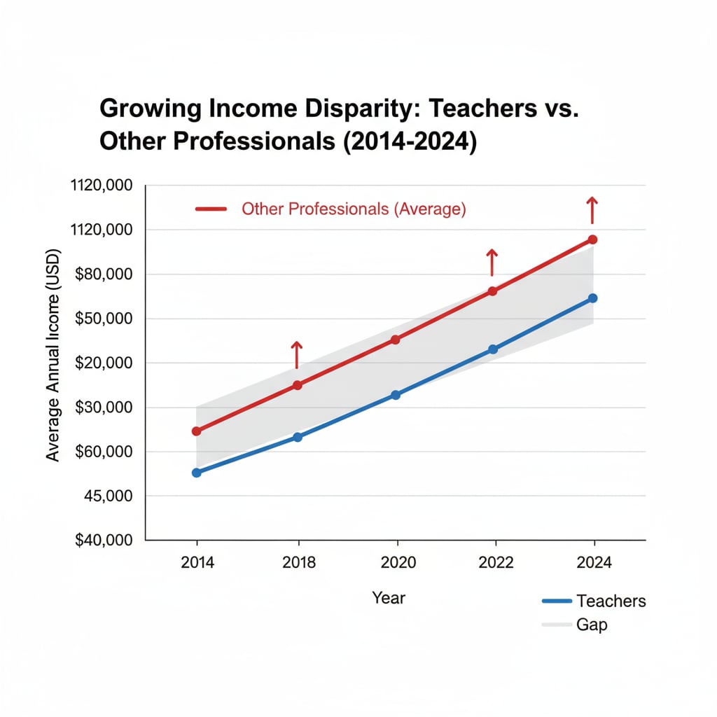 Trend of the growing income gap between teachers and other professionals.
