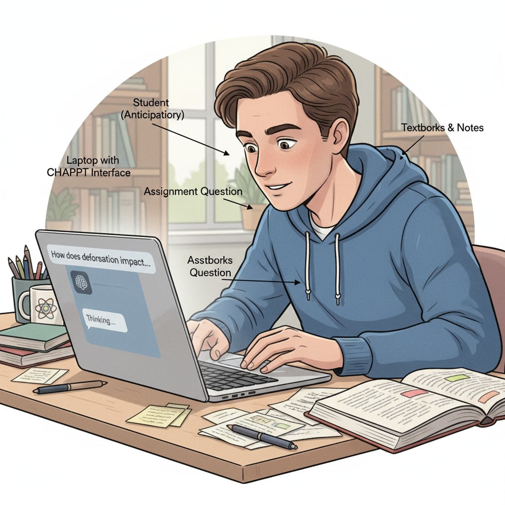 Student using ChatGPT on laptop for assignment potentially for cheating