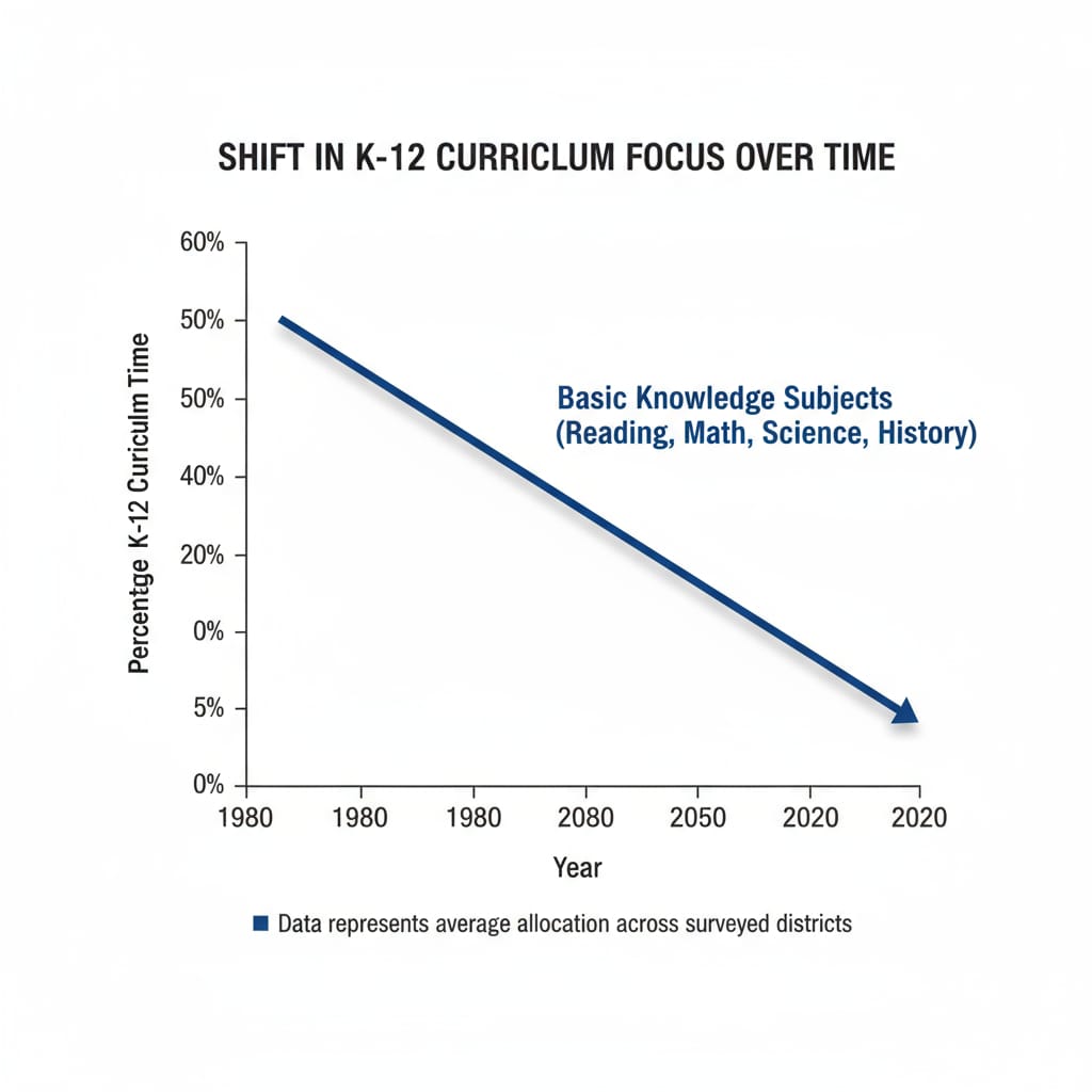 Graph depicting the decline in time for basic knowledge in K12 school curricula