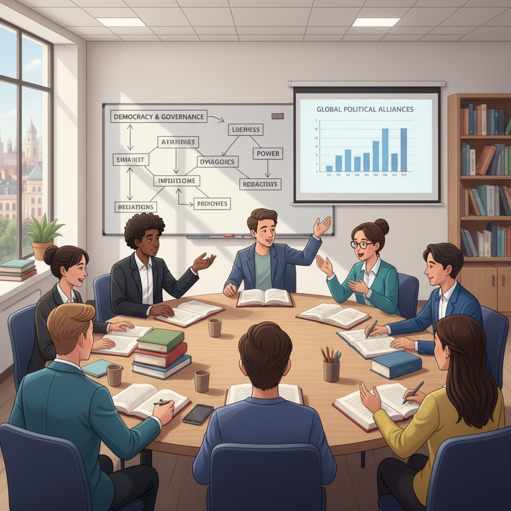 Students discussing political science in a European university classroom