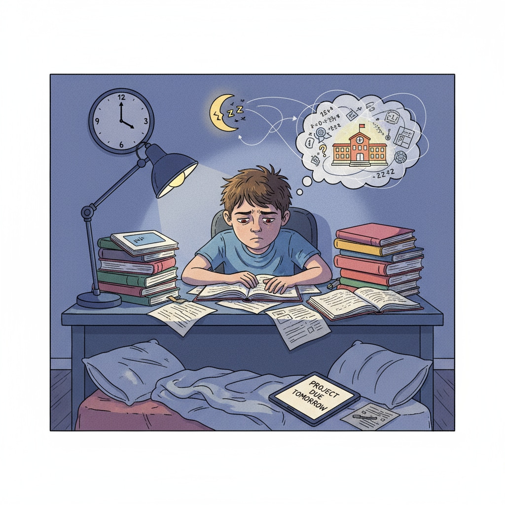 A stressed K12 student sacrificing sleep due to schoolwork, affecting mental health