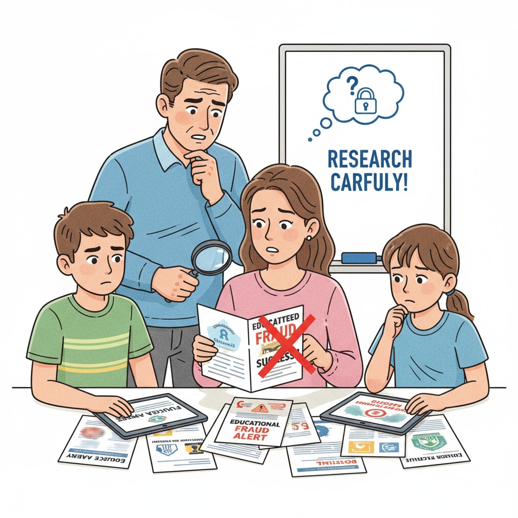 Parents and children discussing education options to avoid educational fraud related to Schiller International University, estafa educativa, and GEDU