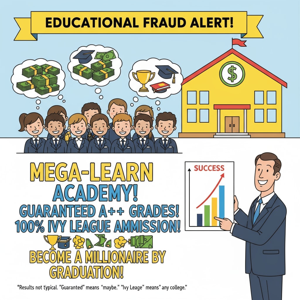 False educational advertisement highlighting educational fraud in K12, relevant to Schiller International University, estafa educativa, and GEDU