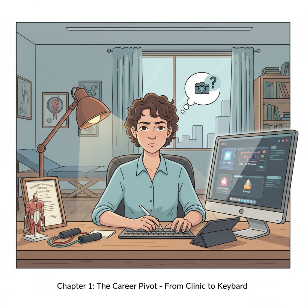 A young individual starting their career transition from physical therapy to content creation, showing a blend of determination and confusion related to career planning, physical therapy, content creation, and mental health