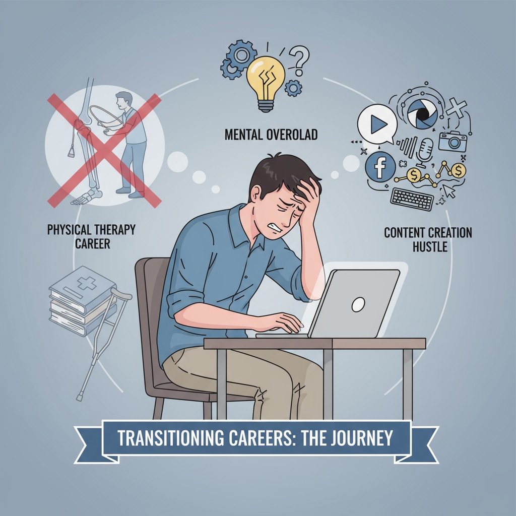 A person experiencing stress during the career transition from physical therapy to content creation, highlighting the issues of career planning, physical therapy, content creation, and mental health