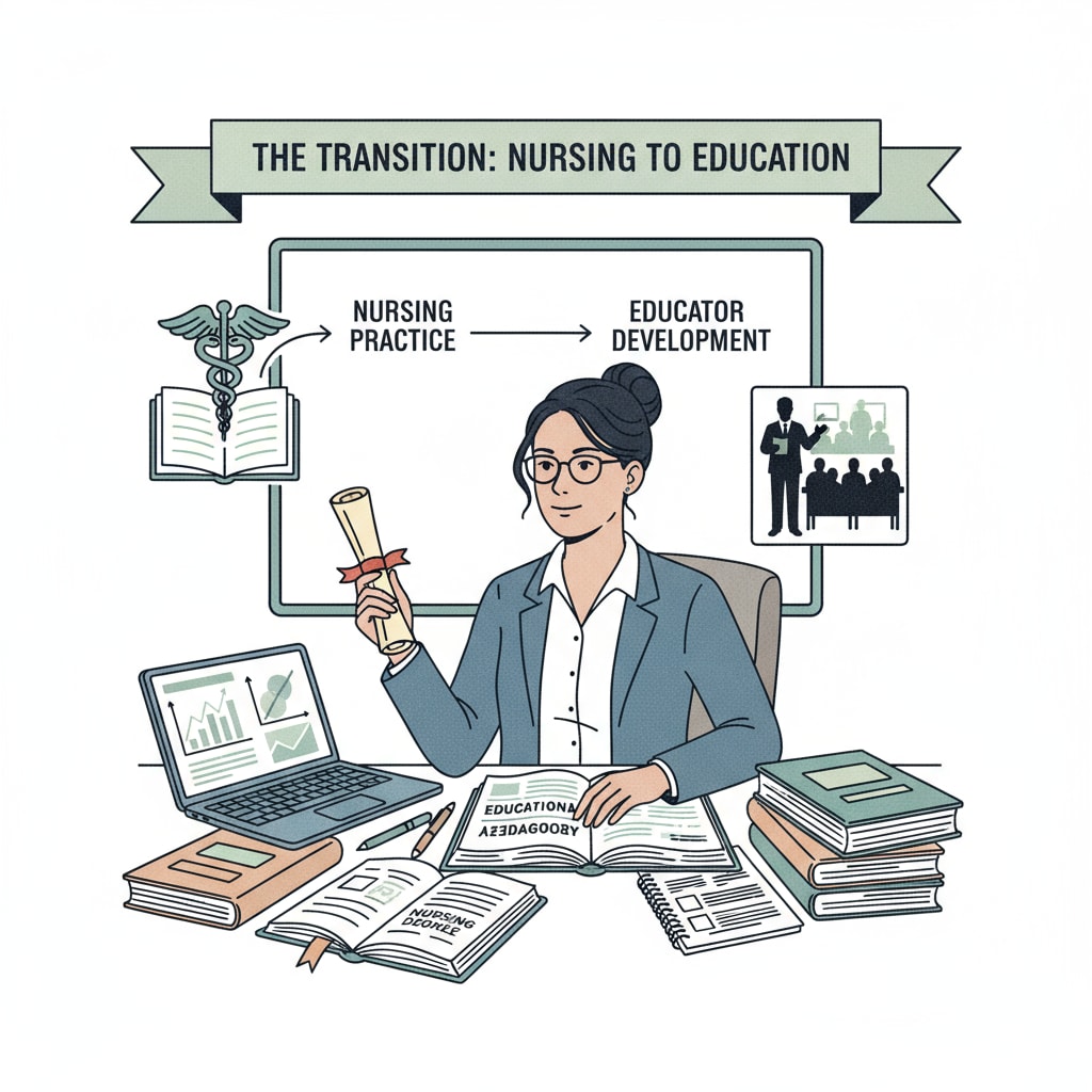 A person studying educational materials to facilitate career transition from nursing to K12 education with a master degree.