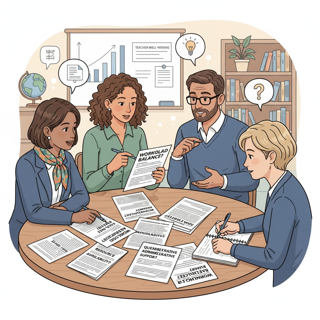 Public school teachers discussing questionnaires on teaching working conditions