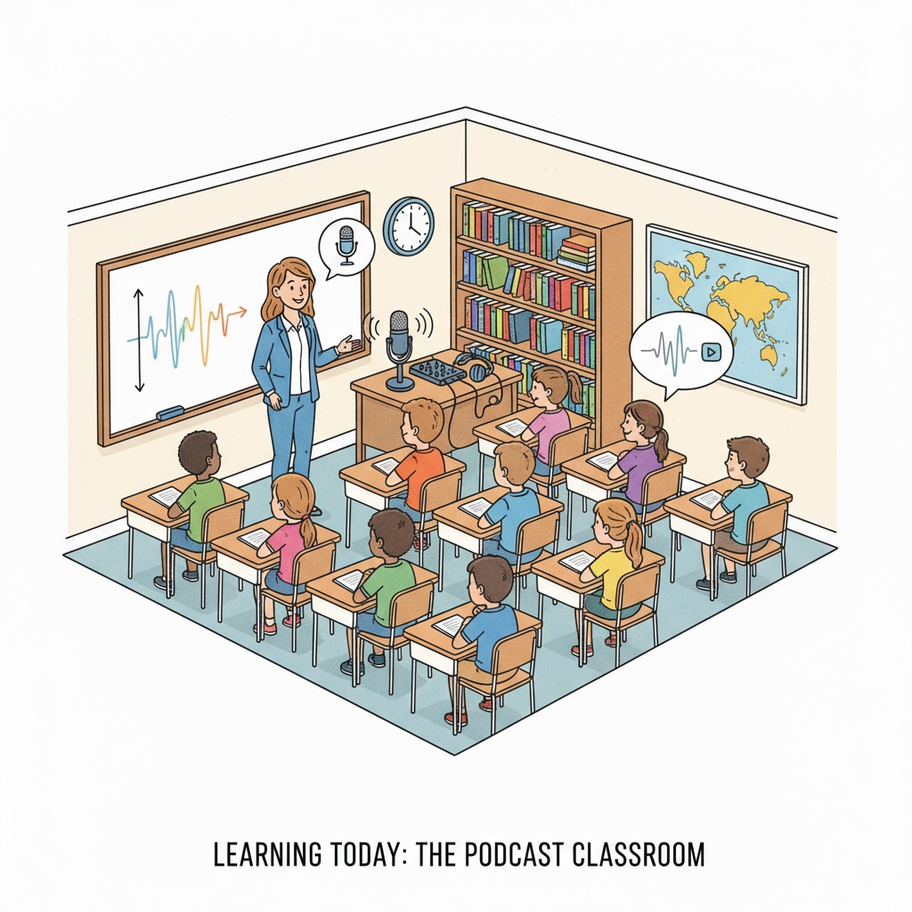 A classroom setting with the influence of a teacher being shared through a podcast
