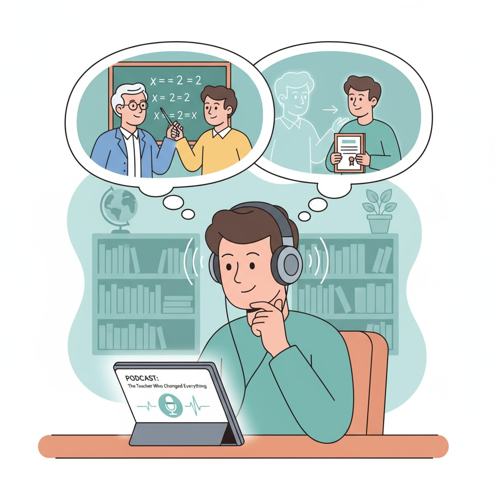 A person engaged in listening to a podcast highlighting teacher influence