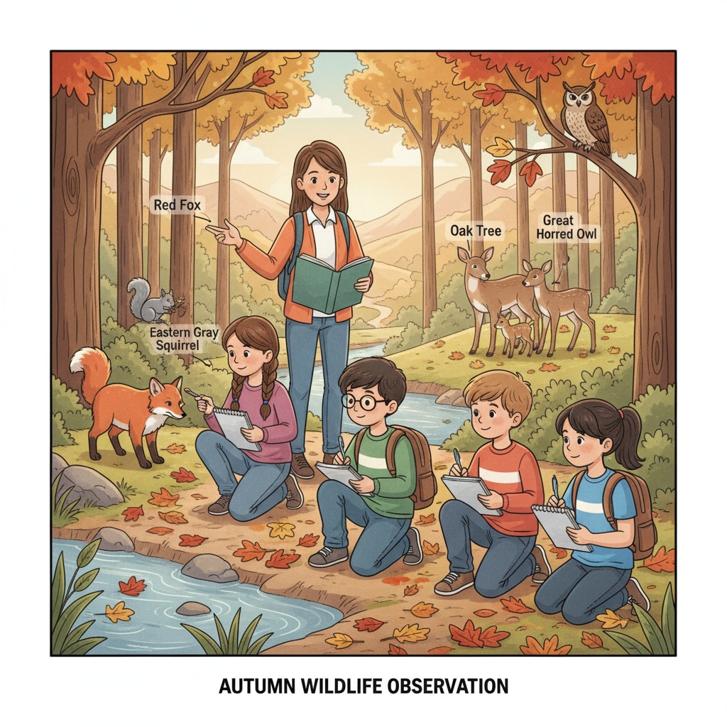 Students observing animal adaptations in autumn during a day camp