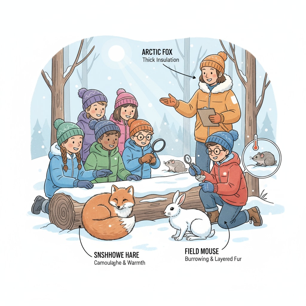 Students examining animal winter adaptations in a day camp
