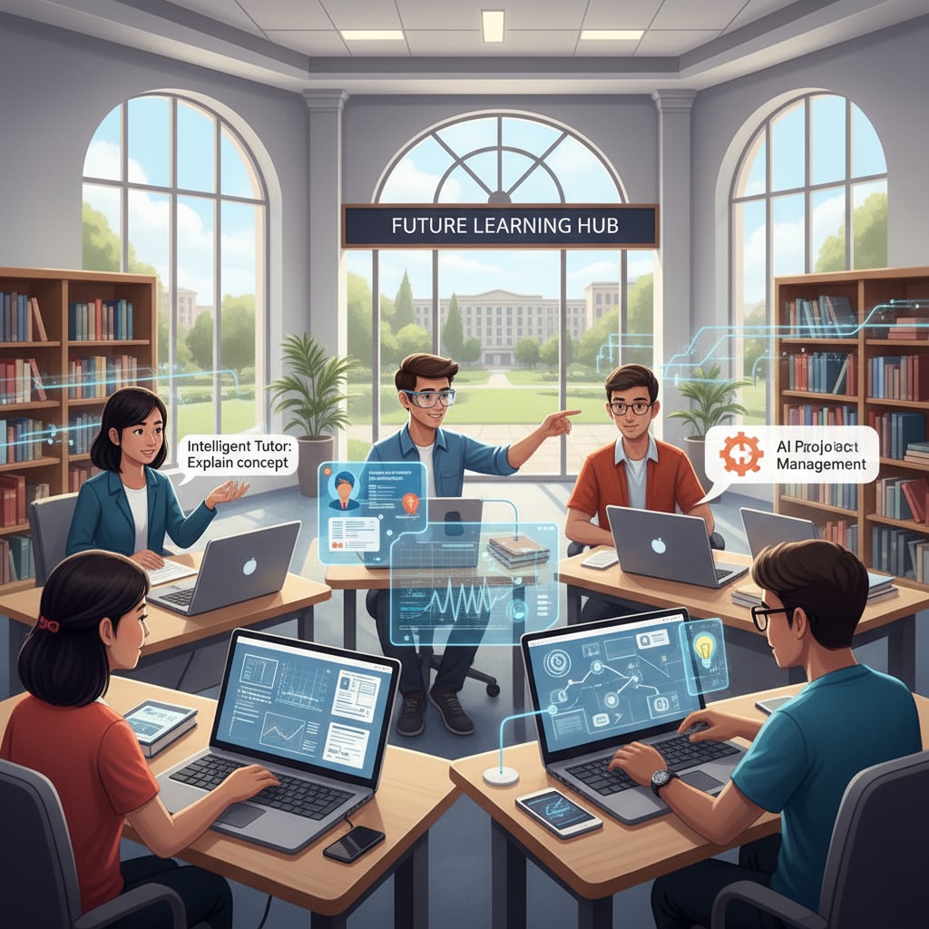 Students using AI tools in a university setting related to artificial intelligence, higher education, and the future of universities